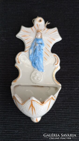 Antique German porcelain holy water container, hand-painted, with a relief Madonna