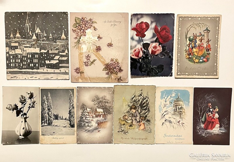 Retro húsvéti képeslap 1950 régi karácsonyi üdvözlőlap levelezőlap 10 db együtt