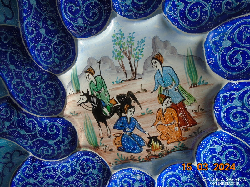 Perzsa-Iráni Isfahan türkizkék zománcozott falitál miniatűr festménnyel MINAKARI