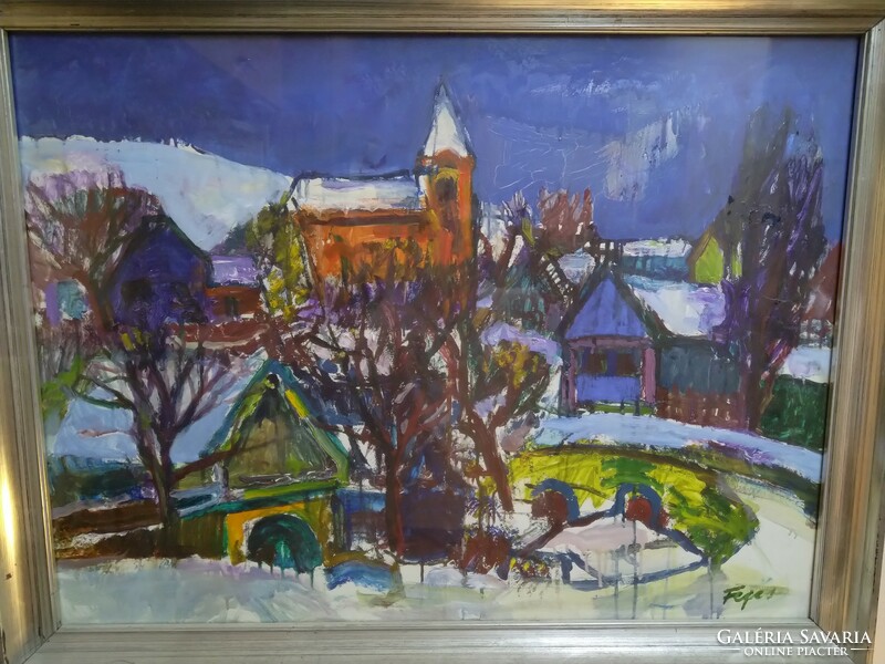 Festmény. Téli falu, Fejes István 1940 - 1982