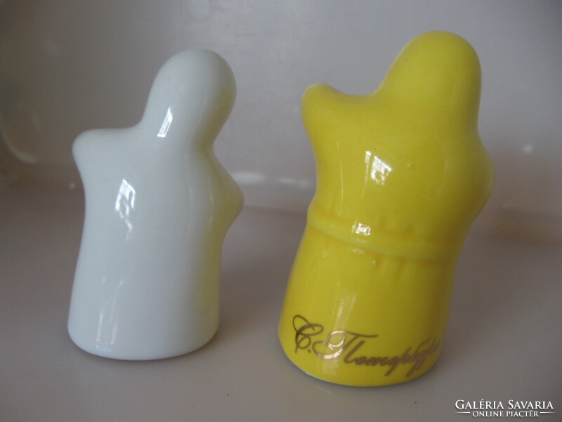 Ghost figurines, pair of yellow and white salt and pepper shakers, table spice holders
