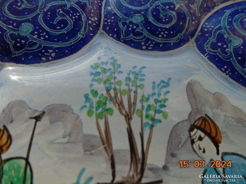 Perzsa-Iráni Isfahan türkizkék zománcozott falitál miniatűr festménnyel MINAKARI