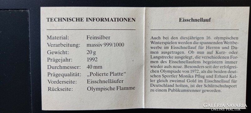 Olimpiai játékok 1992 Albertville emlékérme sorozat gyorskorcsolya sorszámozott színezüst