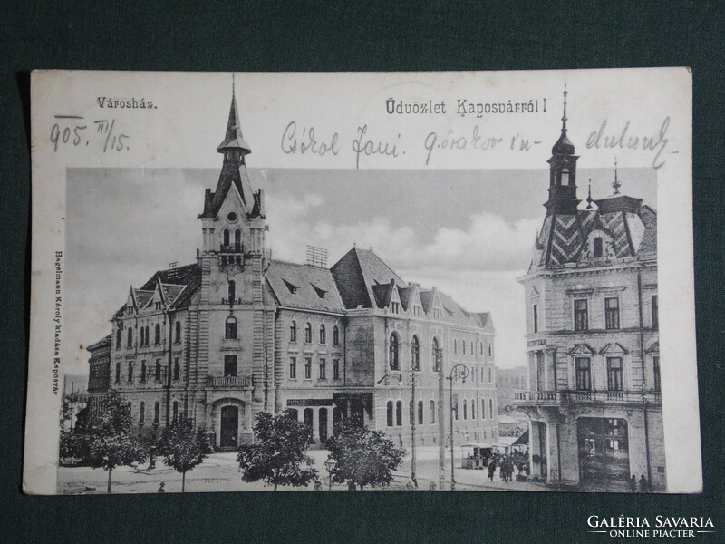 Képeslap,Kaposvár, Városháza látkép, Főtér részlet, 1905