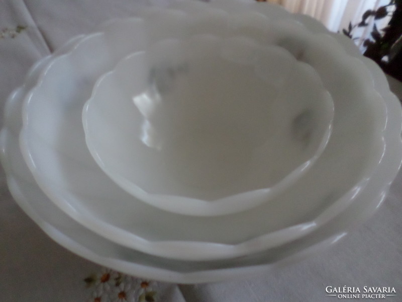 Three milk glass bowls with a chamomile pattern. Together: Arcopal, Jenai