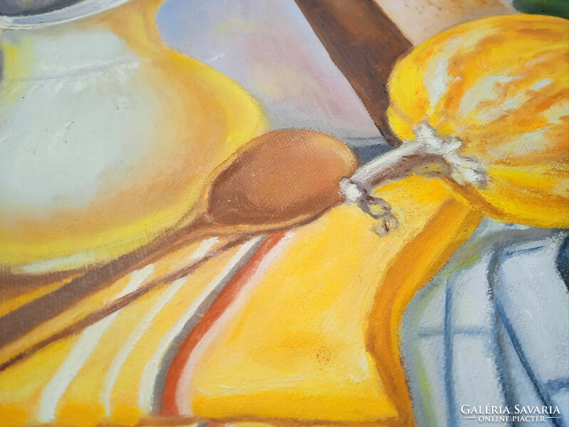 Antyipina Galina: Csendélet dinjával és kancsókkal, olajfestmény, vászon, 40x50cm