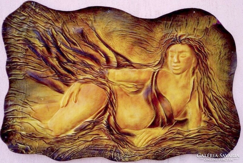 Wall decoration with leatherette relief. Nude between tendrils. Rustic
