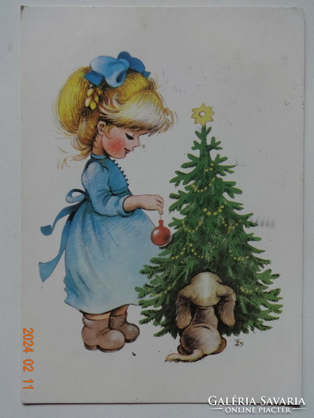 Old graphic Christmas greeting card, drawing by Zsuzsa Füzesi