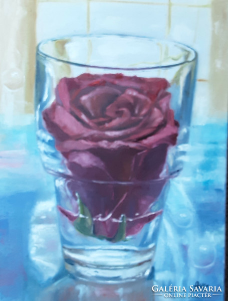 Antyipina Galina: Törött rózsa virág pohárban, olajfestmény, vászon, festőkés. 40x30cm
