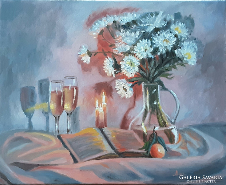 Antiipina galina: chrysanthemums with candles, oil painting, canvas, 40x50cm