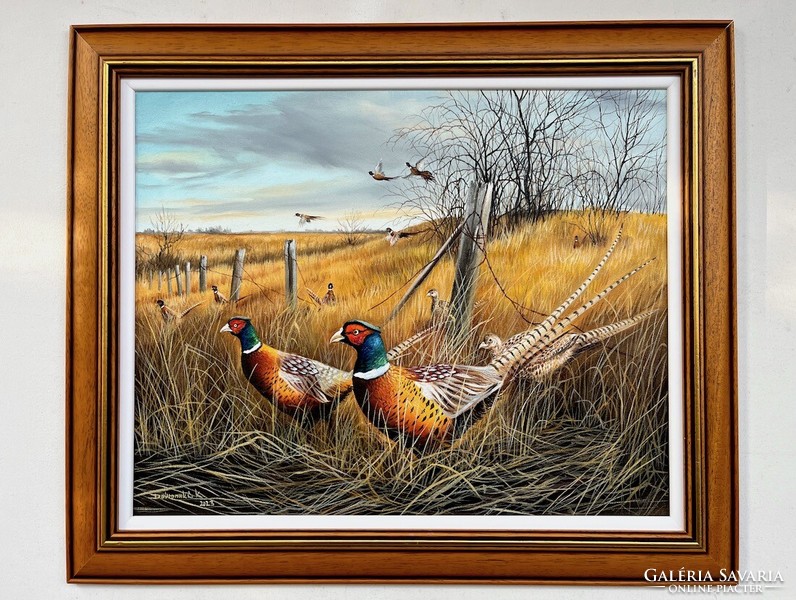 Dabronak pheasants on the hillside, framed in oil on canvas, 62x52cm