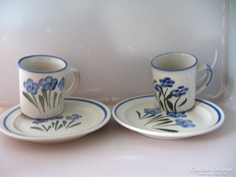 Retro stoneware blue floral snack and cake plates and cocoa, coffee and tea mugs