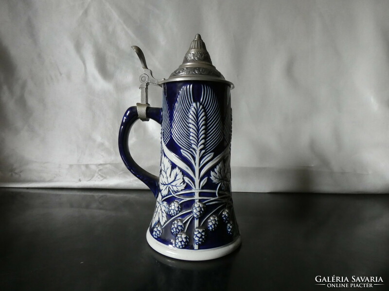 Gerz cobalt blue wheat and hop pattern ceramic beer mug collector's item!.