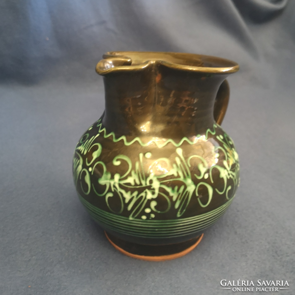 Glazed ceramic jug decorated with old folk motifs, 15 cm