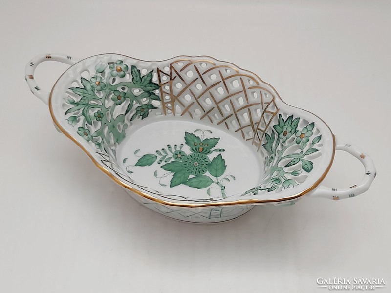 Herend green appony pattern openwork basket, 19.3 x 10 x 5 cm