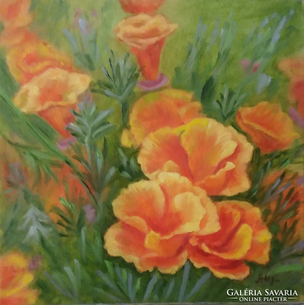 Antiipina galina: orange flowers, oil painting, canvas, 40x40cm
