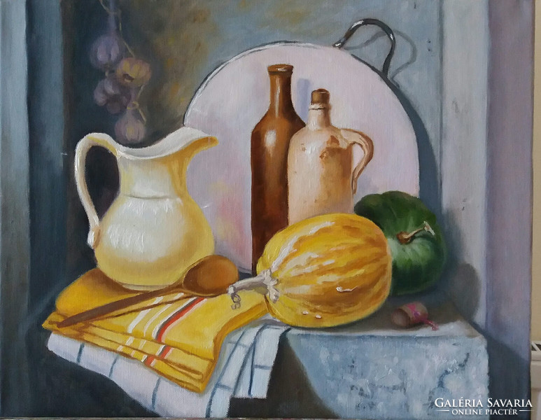 Antiipina galina: still life with melons and jugs, oil painting, canvas, 40x50cm