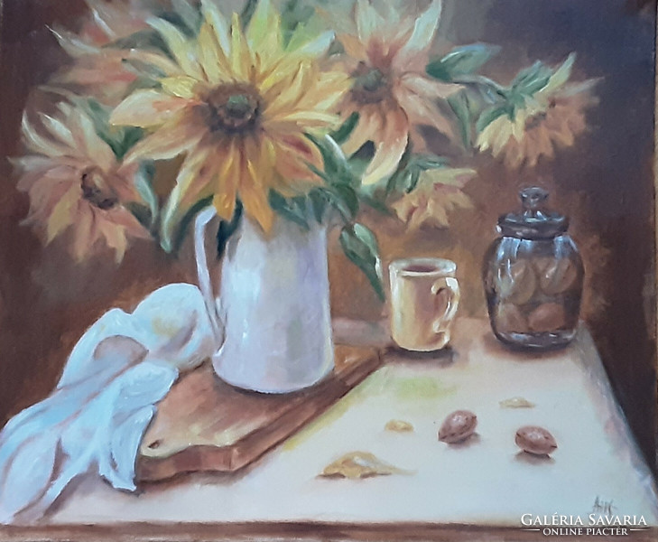 Antiipina galina: sunflower flower with almond, oil painting, canvas, 50x60cm