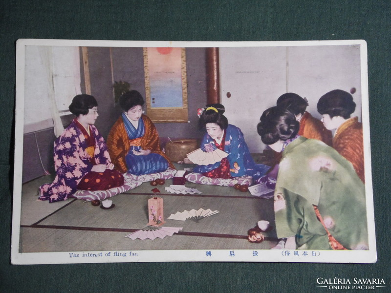 Képeslap, Postcard, Japán, The interest of fling fan, Gésa ,népviselet,hagyomány, 1922