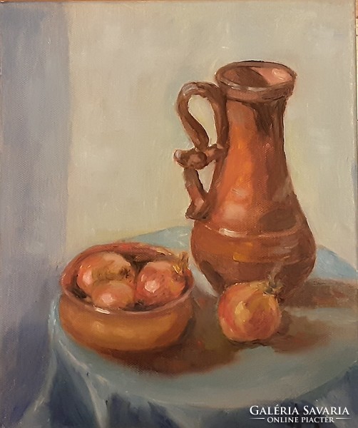 Antiipina galina: still life with can and onion, oil painting, canvas. 30X25cm