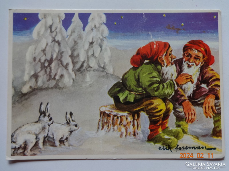 Old graphic Christmas card, Swedish graphic drawing by Erik Forsman