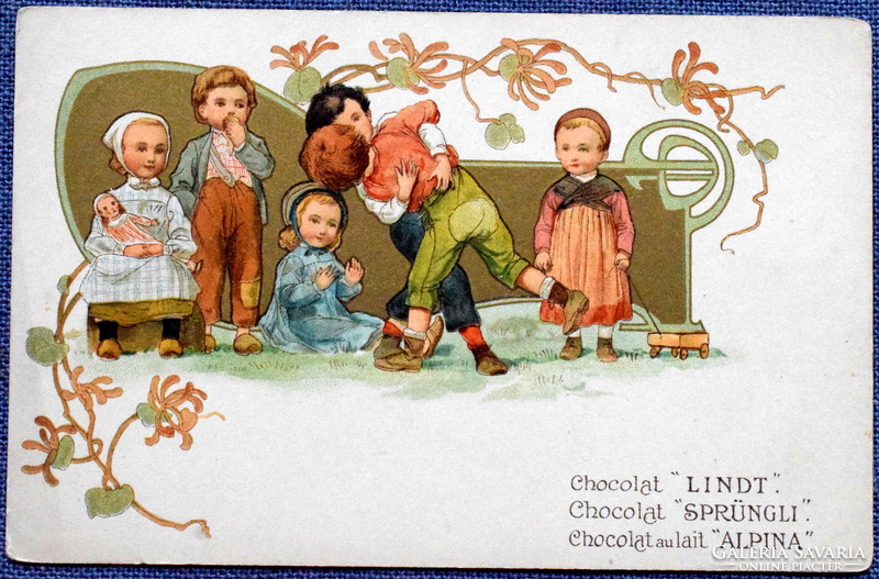 Antik szecessziós grafikus litho képeslap - verekedő gyerekek / LINDT csokoládéreklám