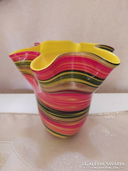Multicolor fazoletto Murano frilled mouth, striped vase, flawless, 19 x19 cm