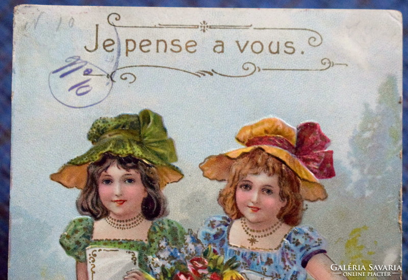 Antique embossed greeting litho postcard - little girls flower bouquet