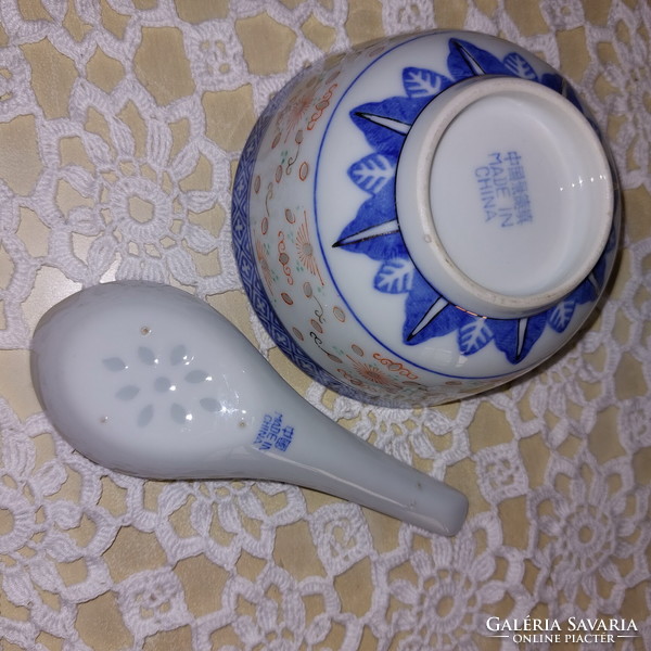 Kínai porcelán rizsszemes, rizsmintás kínai porcelán tálka és kanál