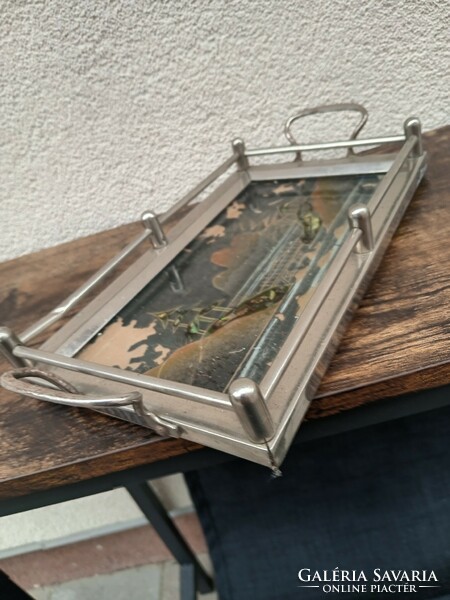 Art-deco French chrome tray with mother-of-pearl inlaid pattern. Negotiable.