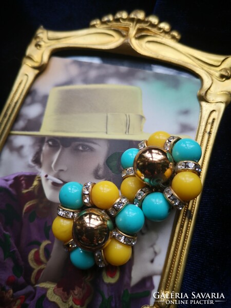 Turquoise-yellow beaded, crystal clip
