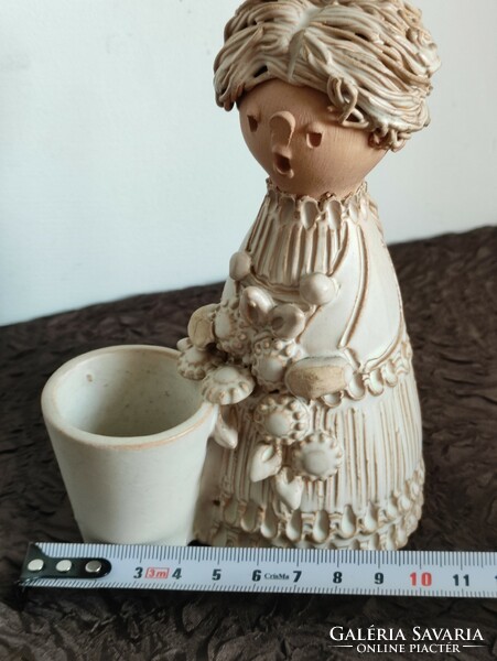 Retro applied art ceramic girl with a flower stand with a richly detailed floral no.I mark.