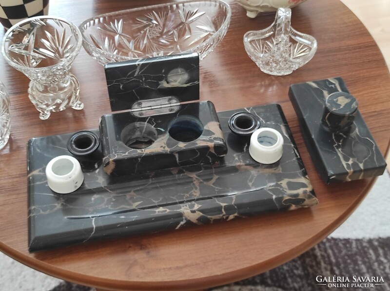 Marble calamari set with porcelain ink holders and tapper (34 x 16 x 8.5 cm, weight 4.7 kg!)