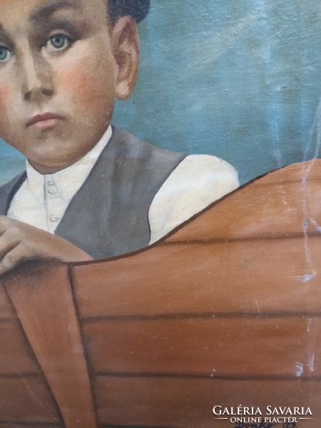 Gyönyörű festmény - Kordén utazó fiú portré olaj / vászon jelzett kép keret nélkül a képek szerint