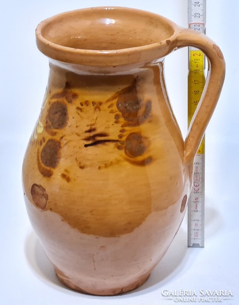 Folk ceramic milk jug with white flowers and light brown glaze (2982)