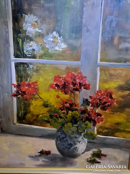 Lukács Sántó: geraniums in the window c. Contemporary oil painting