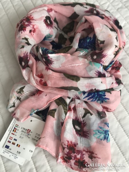 Spring scarf with white hibiscus, 180 x 60 cm, new, with tag