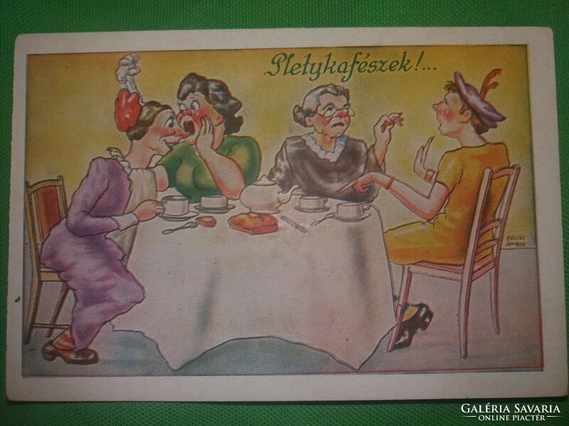 Antik 1920-30. Kaszás Jámbor humoros képeslap :Pletykafészek képek szerint Barasits