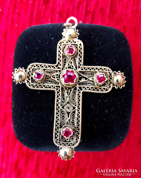 Golden cross with rubies, filigree work, Hungarian hallmark