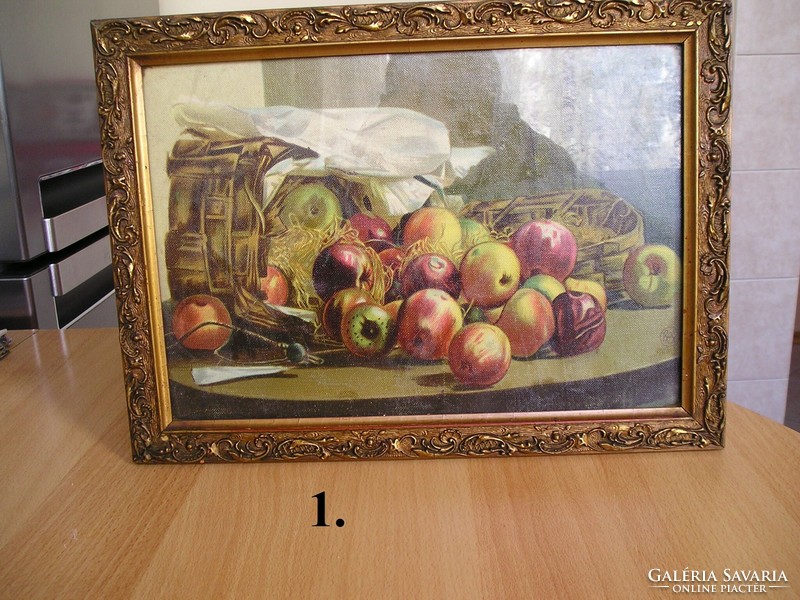 Fa képkeret üveglappal, képpel (gyümölcsök) - 38 x 28 cm.