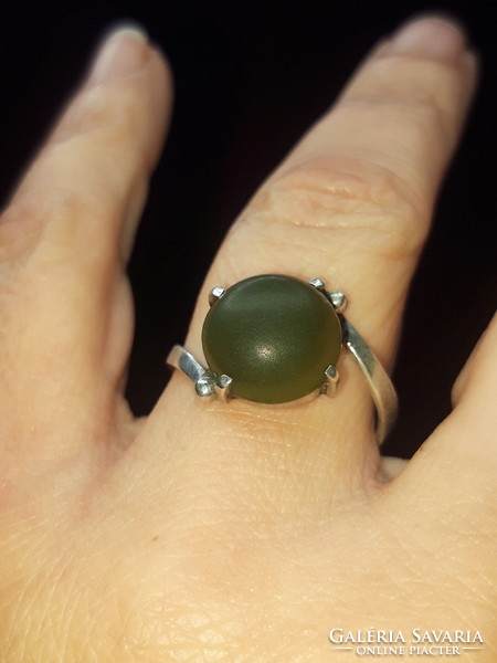 Old silver ring with jade stone - size 59-60
