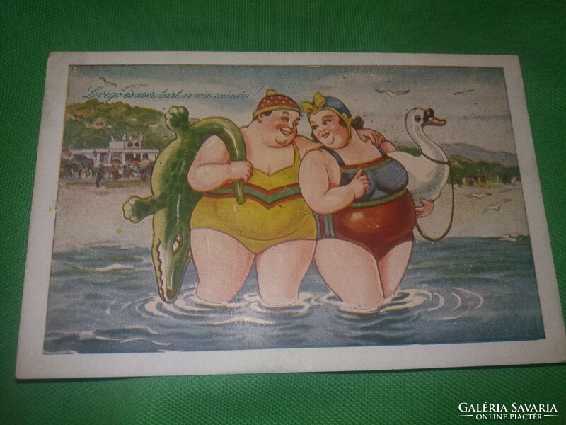 Antik 1920-30. Kaszás Jámbor humoros képeslap :Levegő és zsír tart a víz ....képek szerint Karinger