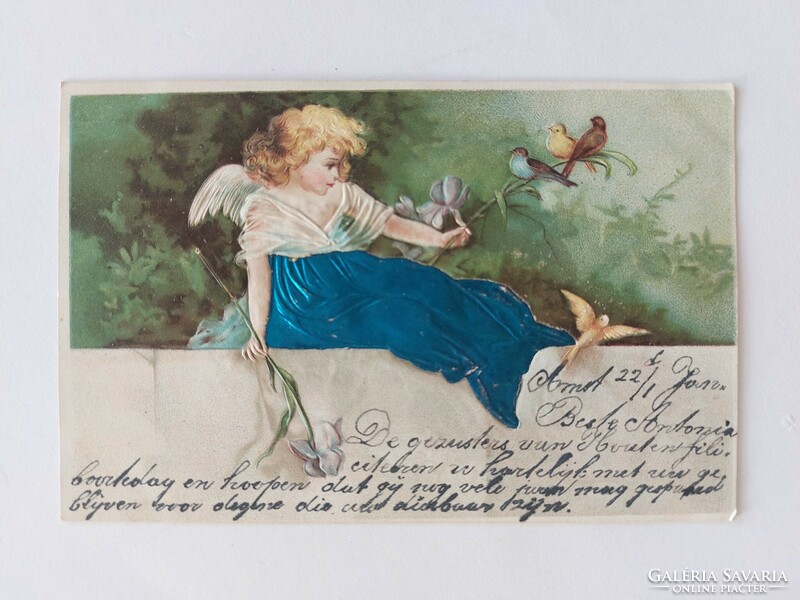 Régi dombornyomott képeslap angyal kismadarak liliom