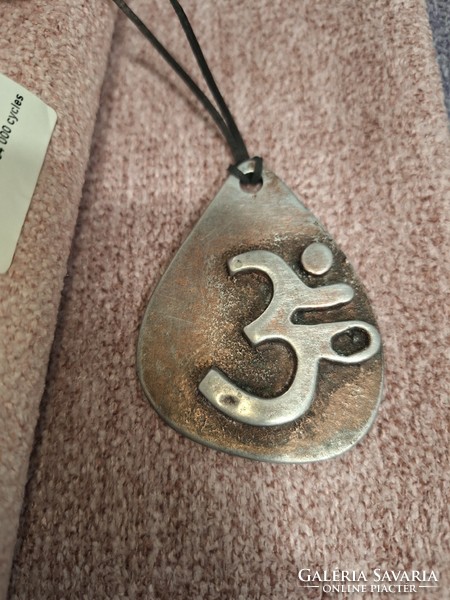 Om sign, vintage kiss gallery pendant on leather strap 6.5x5 cm