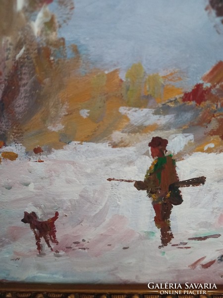 Bánfi József   Vadász és kutyája a téli erdőben