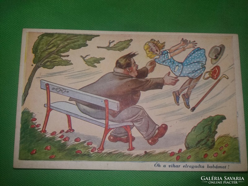 Antik 1920-30. Kaszás Jámbor humoros képeslap : A vihar elragadta babám.képek szerint Karinger
