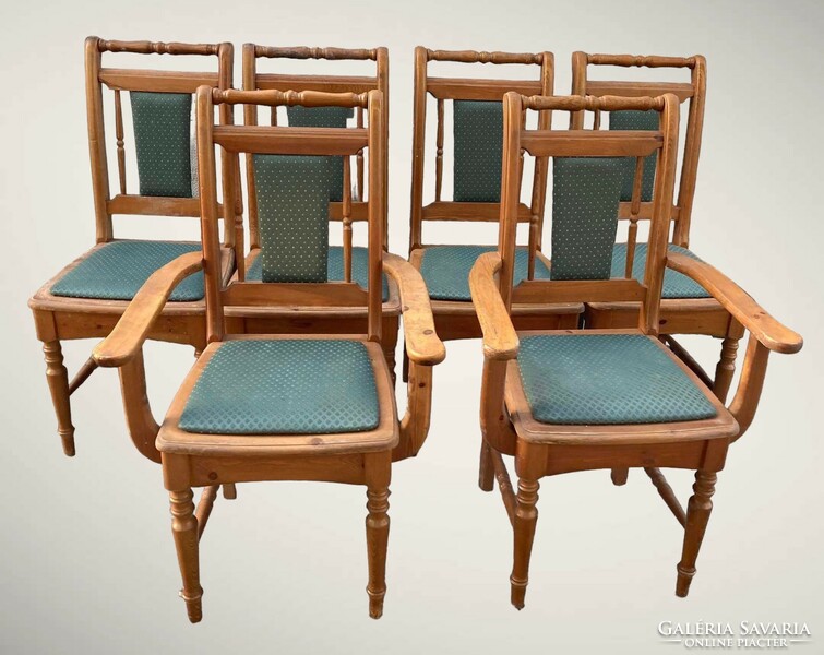 6 rustic chairs, 2 with armrests and 4 plain