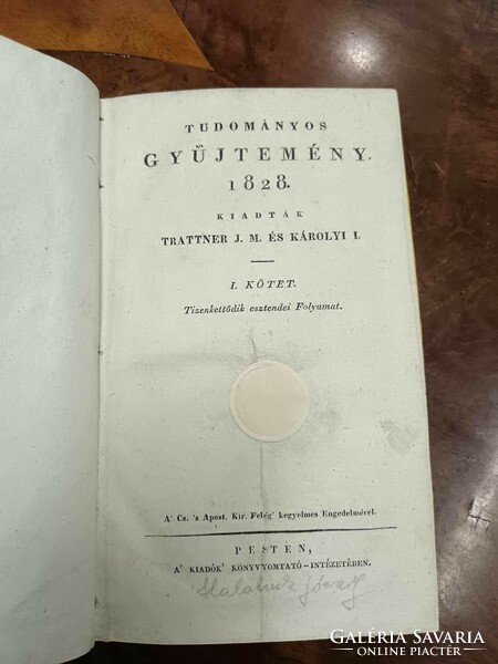 Tudományos gyüjtemény 1828 kiadták Trattner J.M. és Károlyi I. 1. kötet, Tizenkettedik esztendei fol