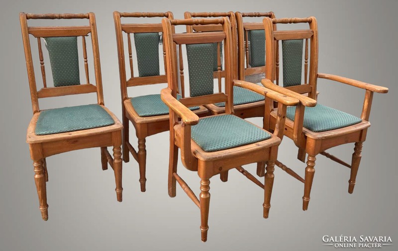 6 rustic chairs, 2 with armrests and 4 plain