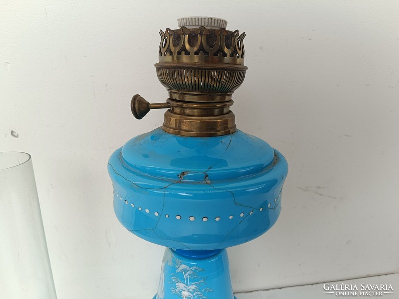 Antique biedermeier painted blue huta glass kerosene electric lamp broken 350 8600
